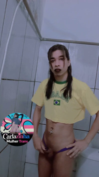 Carlazinha the Belly Button Pierced Whore Pulls Her Purple Panties to the Side and Shows Her Wet Cock