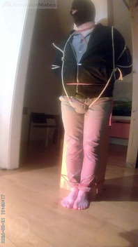 Pee Desperation: Tied up Guy Tries to Withstand While His Cock and Balls Are Played with. He Gets a Boner and Finally Wets Himself