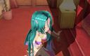 H3DC: 3D Hentai-meisje met blauw haar raakt haar poesje aan en...