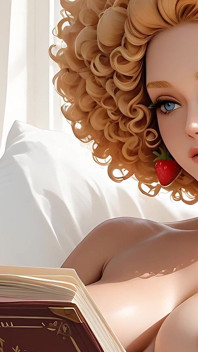 Musculosa mulher nua com curto morango loira afro cachos lendo na nuvem