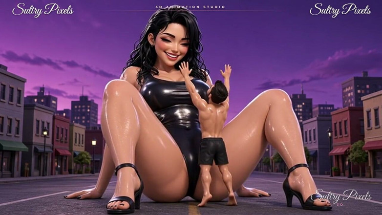 Sultry Pixels 3D: Gigante oleada em torres de salto alto sobre um homem...
