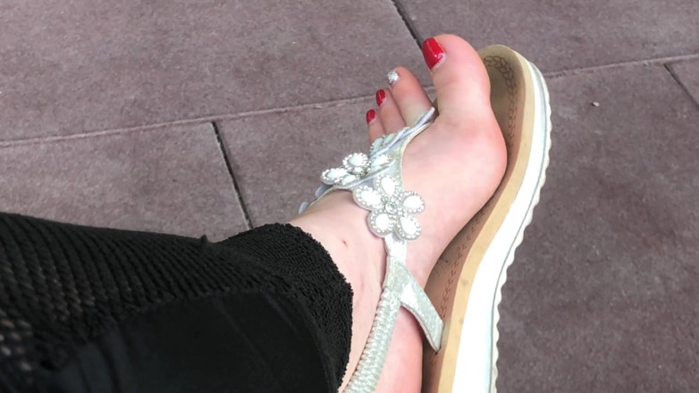 Goddess Misha Goldy: Sandals teasing outdoor with red toenails &amp; toes wiggling