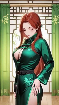 Pelirroja & Esmeralda Qipao! Seducción perezosa en el patio oriental