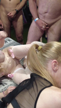 Sexy Blonde Teen and a Horny MILF Adore a Hard Gangbang