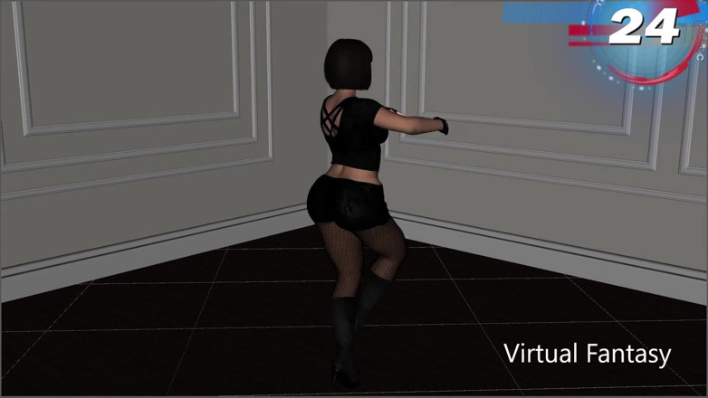 Virtual fantasy studio: Ragazza sexy in 3D che balla in clubwear nero e tuta.