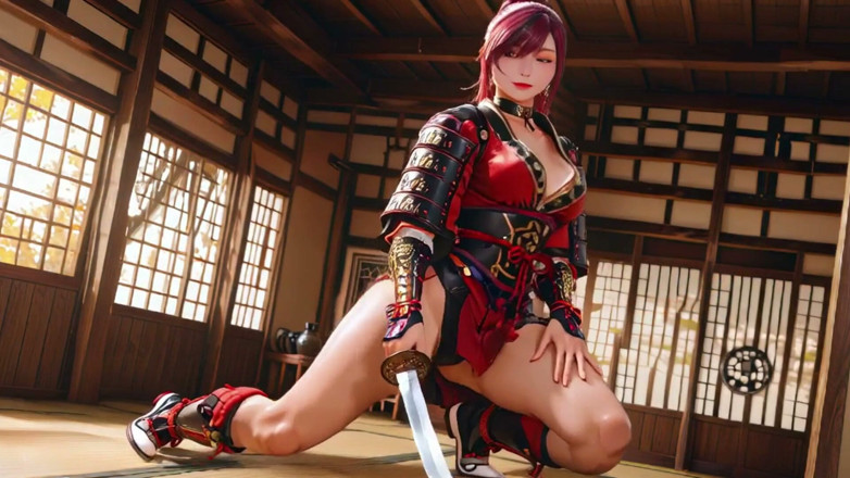 Seraphina Vale: Crimson Samurai! Guerriera dai capelli rossi inginocchia al sole