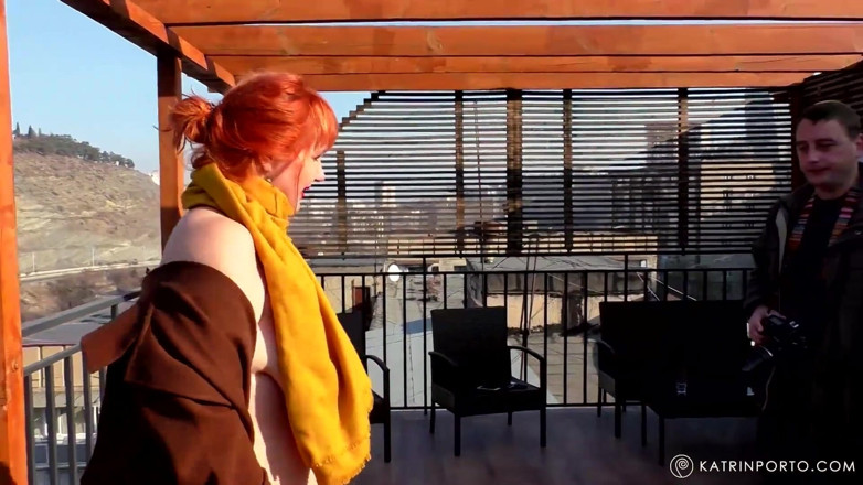 Katrin Porto: BBW with hairy pussy flashing on the roof