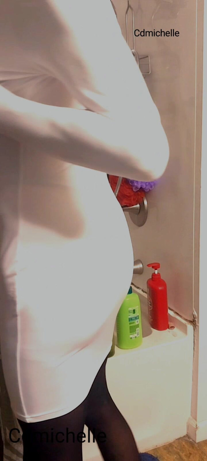 Feeling sexy today crosdressing: Cdmichelle Wearing Black One-piece Bodysuit Then Putting on Sexy White...