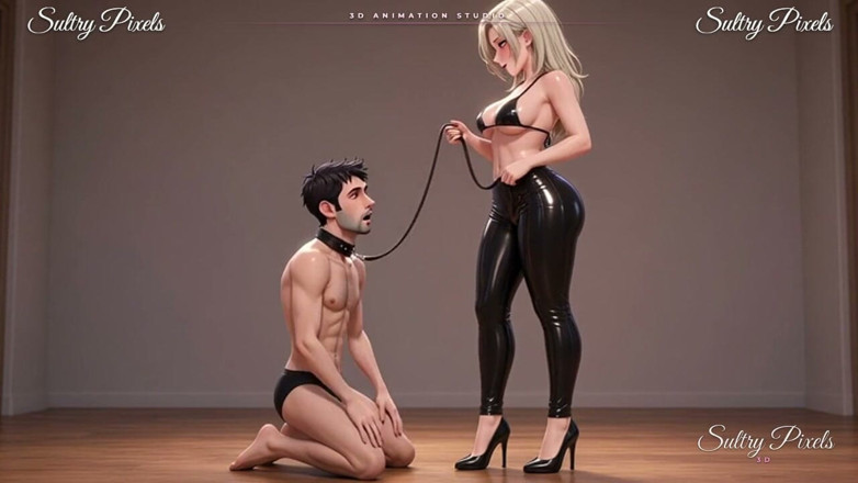 Sultry Pixels 3D: Tall Latex Blonde Leads Her Collared Man by the Leash -...