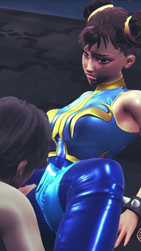 Chun li street fighter 6, sexy cosplay anime mädchen im blauen latex-kostüm bekommt ihre muschi durch enge hose mit orgasmus geleckt