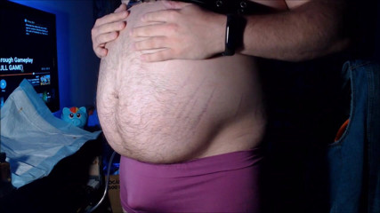 Akevantelico91: Belly inflation in purple boyshorts