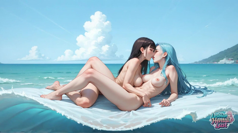 Lesbian Hentai Lust: Mrdání spalující lesbičky s tmavými a modrými vlasy intenzivně smooch...