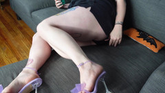 Deanna deadly: Muscular Calves on Couch in Purple Heels Side View and...