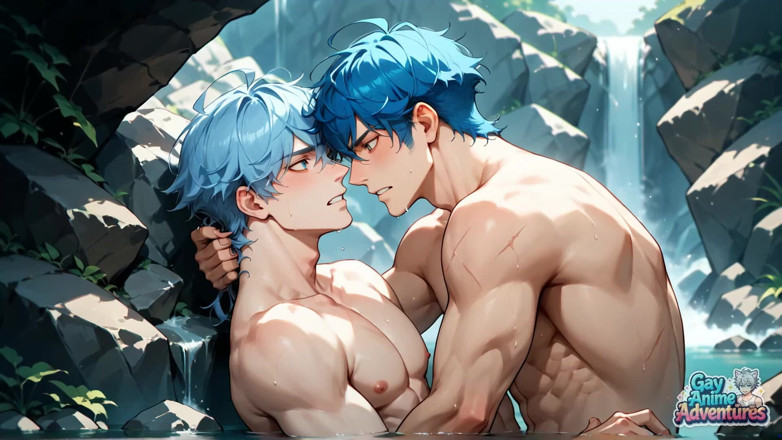 Gay Anime Adventures: Мускулистая оргия с синими волосами в снежной пещере! Гей-порно XXX!