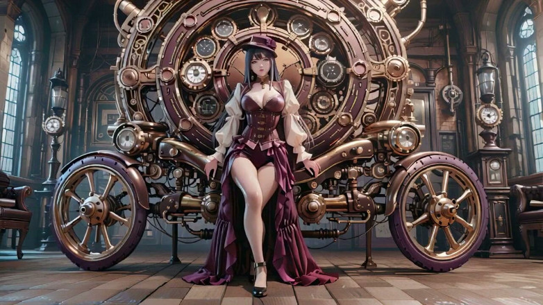 Seraphina Vale: Steam-punk Stunner in White! Kneeling Under Giant Gears
