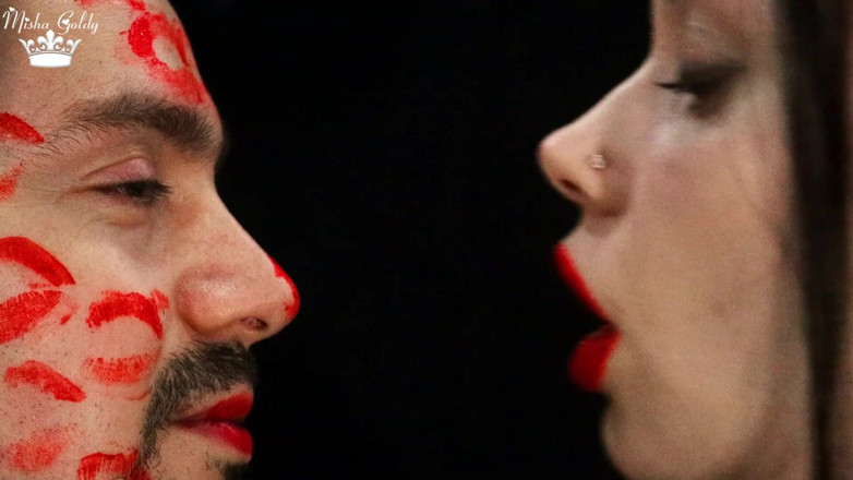 Goddess Misha Goldy: Covering Alex face with red lipsticks kisses
