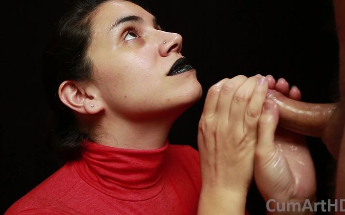 CumArtHD: CFNM - 赤いタートルネック、黒い唇 - 手コキ+一口ごっくん+服に射精