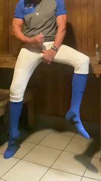 Jockdad87 Randen in de sauna blauwe honkbalbroek