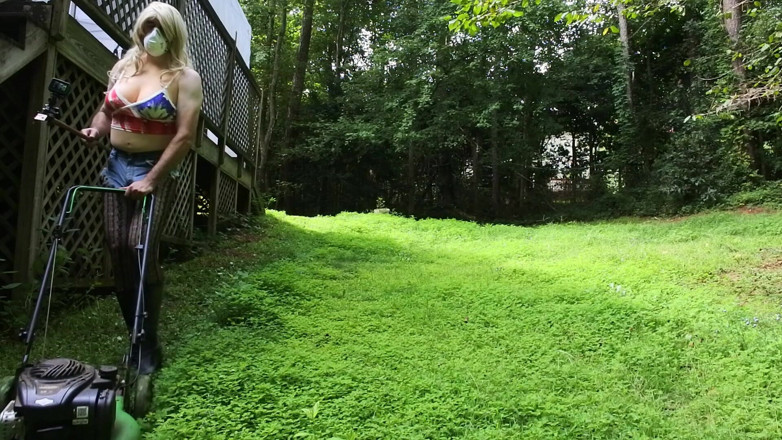 Jon Screcrow: Big Fake Tits Crossdresser in Daisy Dukes Mowing Grass