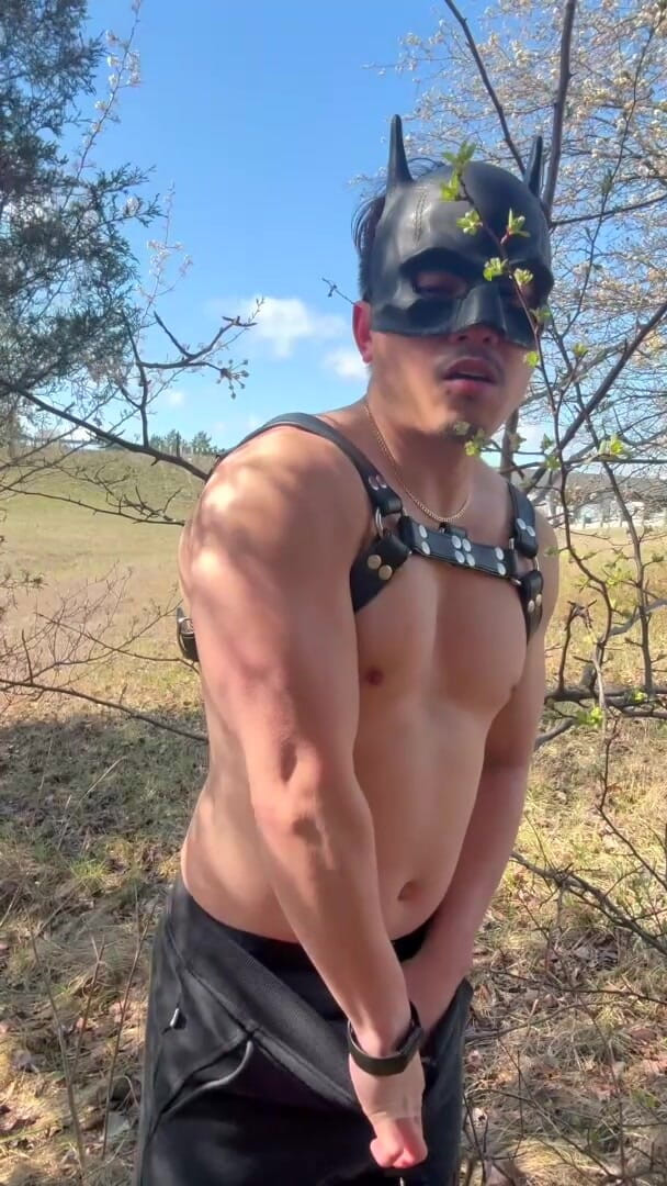 barenakedboy: Freezing Winds Asian Muscle Hunk Pisses, Strips to Leather, Jerks...