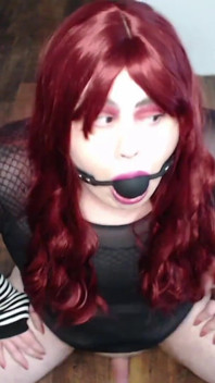 Mykella with Red Hair & Ball Gag Rides Dildo