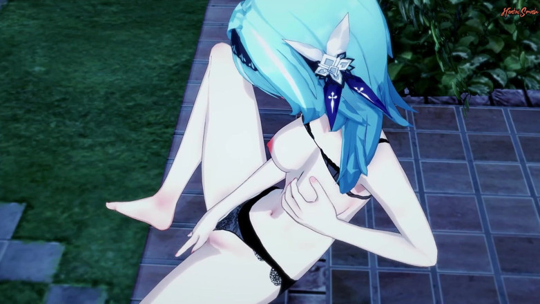 Hentai Smash: Eula трахает пальцами ее киску на улице в саду - хентай удар Genshin