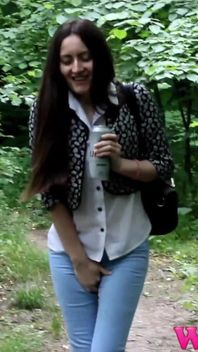 Skinny Brunette Full Bladder Pee Desperation and Pushing Her Pussy to Stop Her Pee in the Forest