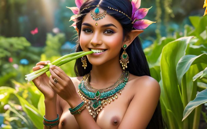 AI Girls: Une elfe indienne nue à gros nichons magnifique avec un poireau