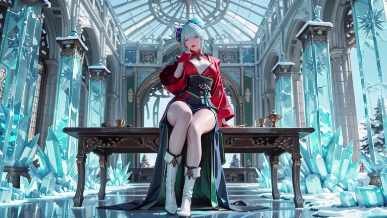 Seraphina Vale: Ice Throne! Silver-haired Mage in Red-green Gown Kneeling, Blue-haired Partner...