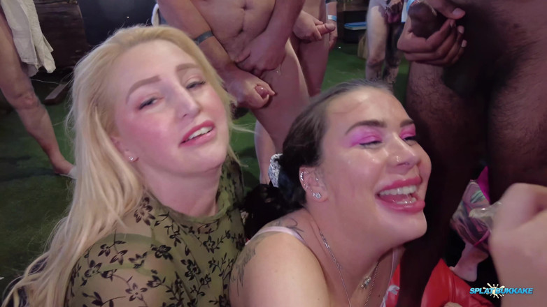 100% Amateur Gangbang and Bukkake from the UK!: Festa di gruppo di due puttane formose e tatuate