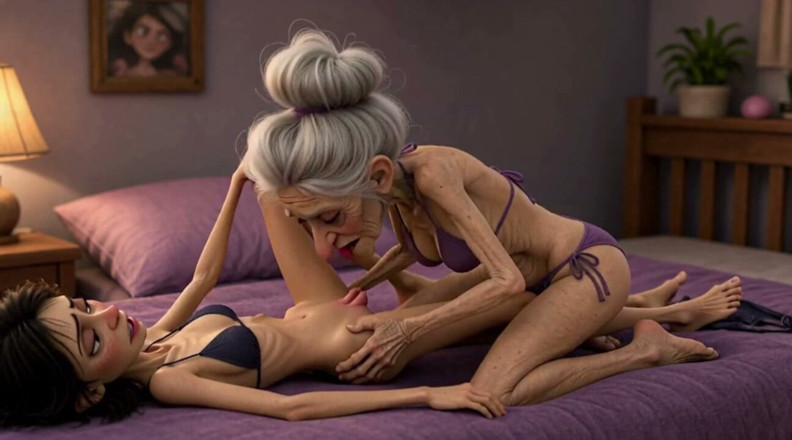 YOUR BEST FANTASY: Extremely Skinny Old Woman Licks a Skinny Young Woman's Pussy