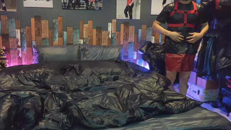 Evil shaman: Cock Rubbing Down Jacket on Shiny Nylon Bed