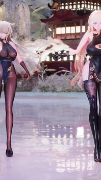 [mmd] Yolandel & Rita Czekoladowe kremy, podwójny striptease, czarne jedwabne rajstopy, duży sutek, mleczny łańcuch, czerwona podeszwa na wysokich obcasach.