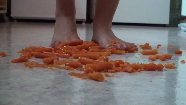 Foot Girls: Close up of trampling food in the kitchen