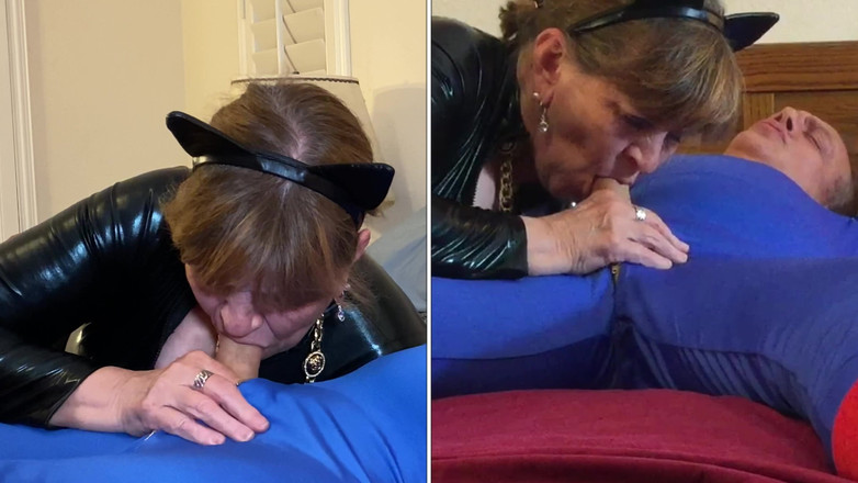 Carmen Angel: おばあちゃんキャットウーマンがスーパーマンのチンコをしゃぶる!