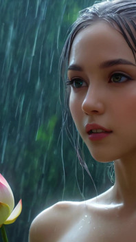 Ai Fantasy Nude Elf Girl Among Lotus Flowers in the Rain 芸術的なスライドショー