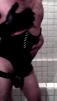 Latex Masked Sissy in Corset Cums in the Bathroom