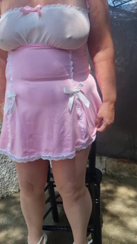 Outdoor Piss Slut in Pink Babydoll & Tan Tights. I Piss Hard While Walking Then Sitting, Soaking My Tights and White Stilettos.