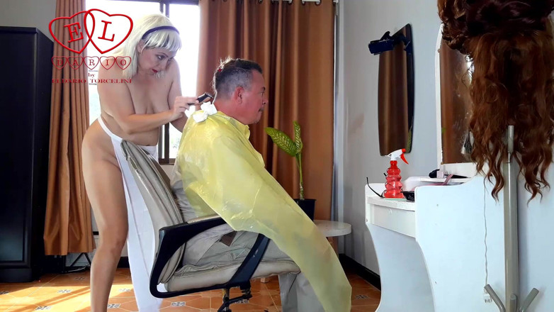 Strange stepfamily: Prank! Barber woman undressing at her nudist barbershop. The client...