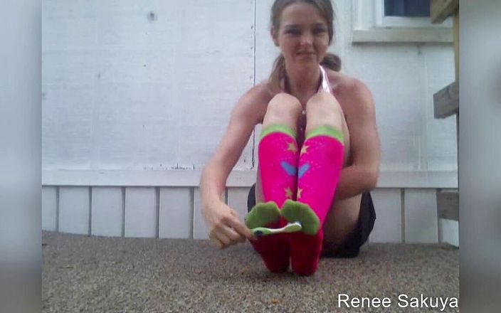 Renee Sakuyas Studio: Tickling her feet outdoors in long knee socks with toothbrush