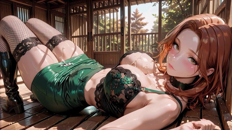 Tay Swift X: Seductive Redhead in Green Lace Shiny Boots Spreads Wide for...
