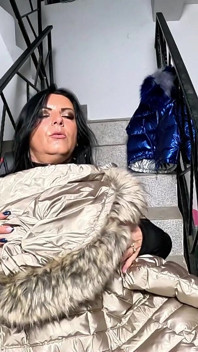 Dominant MILF Fur Hooded Downjacket Masturbation. Spandex Cameltoe, Smoking and Orgasm