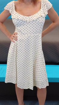 White Dress with Black Polka Dots & Black and Wood High Heels