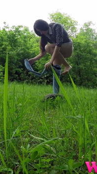 Shy Brunette Pee Outdoor and Rubs Her Wet Pussy and Pee on a Rock