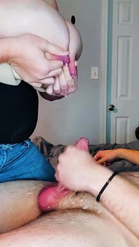Huge Tits Shooting Milk on a Dick as He Jerks off