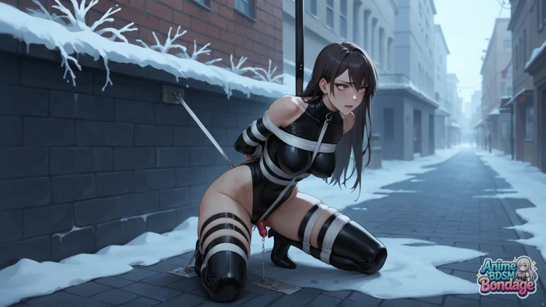 Anime BDSM Bondage: Безладна стримана сцена в бондажі на сніжній вулиці з слухняною повією.