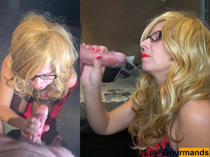 Les Gourmands: Blonde slut with glasses sucks a big cock on her...