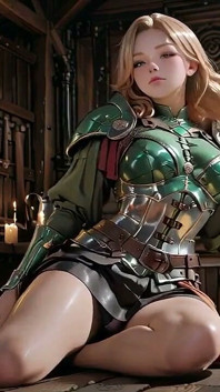 Fantasía de caballero medieval! Armadura verde y secretos húmedos, arrodillado en la biblioteca mirándote, provocación con la mano en el pecho