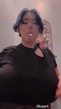 Busty Blue-haired Girl Smoking