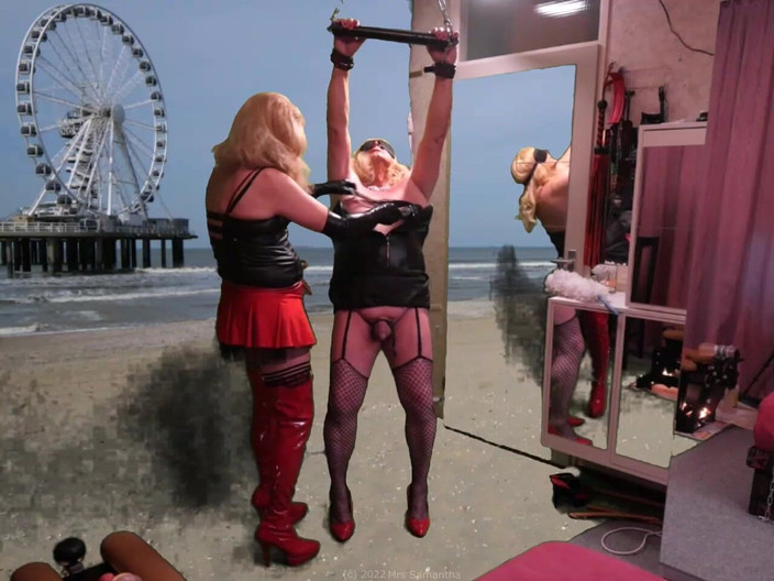 Mrs Samantha: Mrs Samantha Is Spanking and Teasing Slave Tgirl Marina Chained...